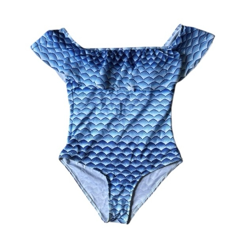 Blue One-Piece Swim with Ruffle Sleeve and Mermaid Pattern Size Large